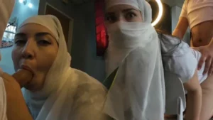 Cherry in white hijab: intense blowjob to wild doggy style