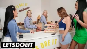 Lesbians Scissor in Public Shop