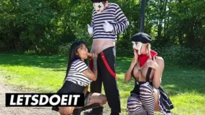 Street Mimes in Blonde Brunette Threesome