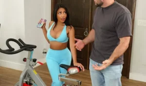 A mistress with big tits after a workout pulled down her tights for a spanking with a bald guy