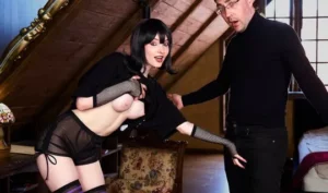 A nerd in the attic of a house greedily fucks a brunette in striped stockings and brings her to orgasm