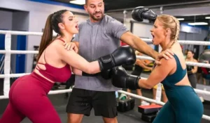 Two boxing lovers with big tits had a group sex in the ring