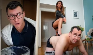 A mother with big tits puts on a leather dress and dominates her stepson