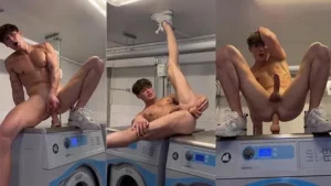 Melvin Moore jerks off and fucks himself with a dildo in the public laundry – Gay Porn Video
